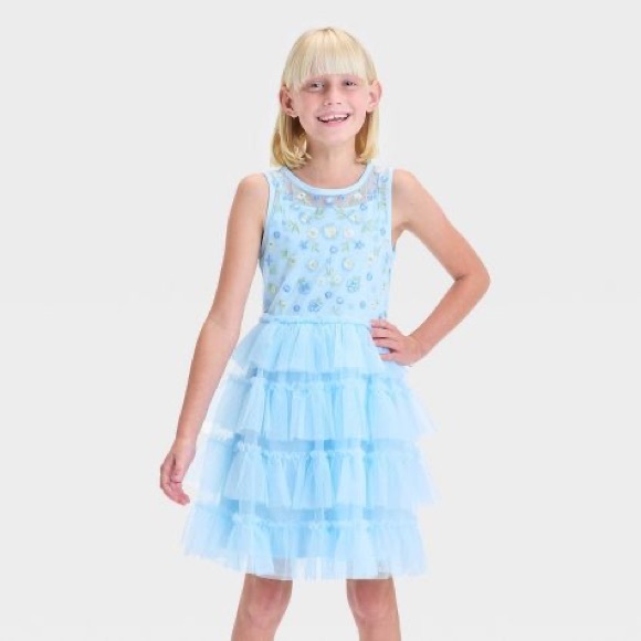 Girls' Sleeveless Embroidered Bodice Tiered Skirt Dress - Cat & Jack™ Blue - Picture 1 of 2